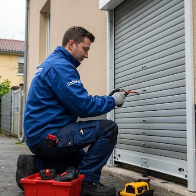 Un technicien en train de réparer un volet roulant. Il utilise des outils spécialisés pour ajuster les mécanismes internes et assurer le bon